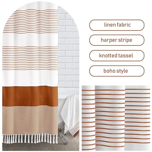 Awellife Boho Orange Shower Curtain For Bathroom Farmhouse Natural Linen Stripe Tassel Shower Curtain (Orange, 72' L X 84' W)